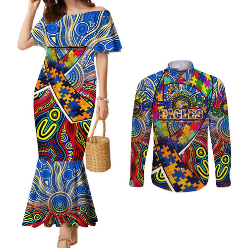 Autism Awareness Australia West Coast Eagles Couples Matching Mermaid Dress and Long Sleeve Button Shirt Aboriginal Indigenous Art