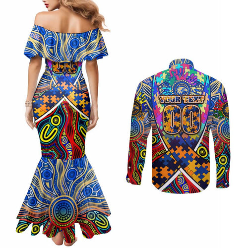 Autism Awareness Australia West Coast Eagles Couples Matching Mermaid Dress and Long Sleeve Button Shirt Aboriginal Indigenous Art