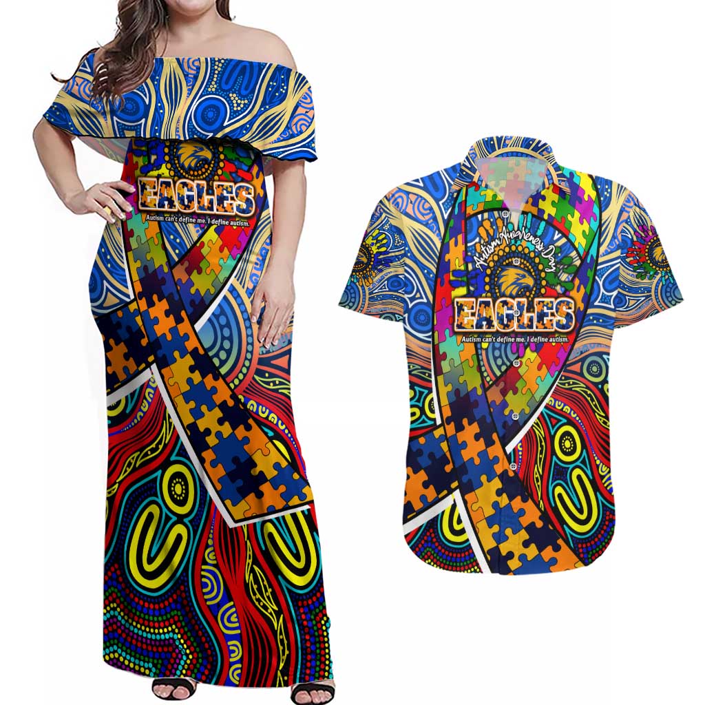 Autism Awareness Australia West Coast Eagles Couples Matching Off Shoulder Maxi Dress and Hawaiian Shirt Aboriginal Indigenous Art