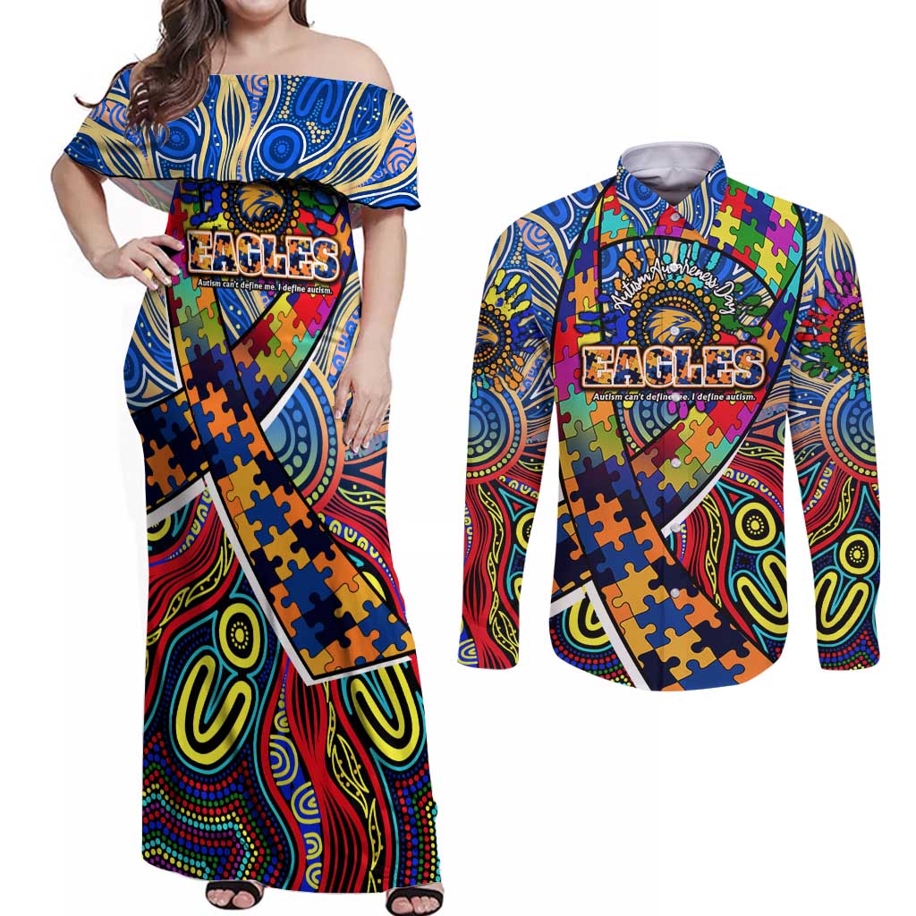 Autism Awareness Australia West Coast Eagles Couples Matching Off Shoulder Maxi Dress and Long Sleeve Button Shirt Aboriginal Indigenous Art