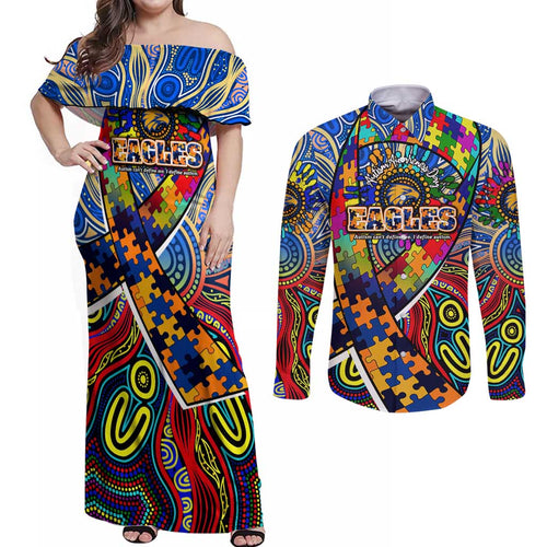 Autism Awareness Australia West Coast Eagles Couples Matching Off Shoulder Maxi Dress and Long Sleeve Button Shirt Aboriginal Indigenous Art