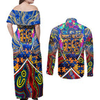 Autism Awareness Australia West Coast Eagles Couples Matching Off Shoulder Maxi Dress and Long Sleeve Button Shirt Aboriginal Indigenous Art