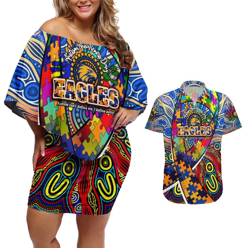 Autism Awareness Australia West Coast Eagles Couples Matching Off Shoulder Short Dress and Hawaiian Shirt Aboriginal Indigenous Art