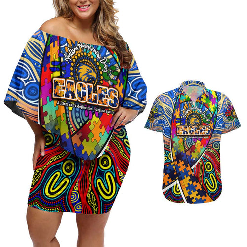 Autism Awareness Australia West Coast Eagles Couples Matching Off Shoulder Short Dress and Hawaiian Shirt Aboriginal Indigenous Art