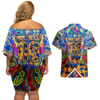 Autism Awareness Australia West Coast Eagles Couples Matching Off Shoulder Short Dress and Hawaiian Shirt Aboriginal Indigenous Art