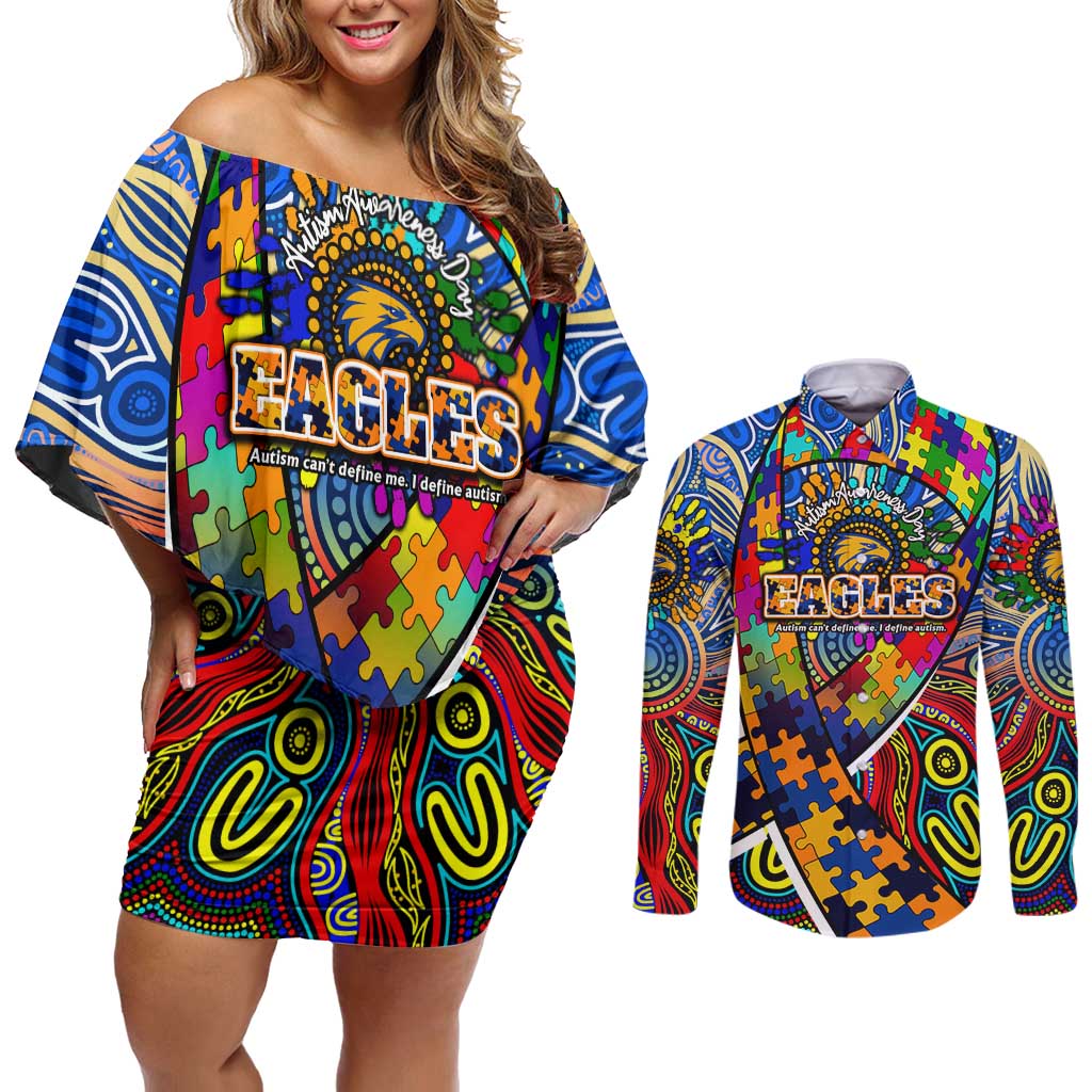 Autism Awareness Australia West Coast Eagles Couples Matching Off Shoulder Short Dress and Long Sleeve Button Shirt Aboriginal Indigenous Art