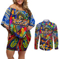 Autism Awareness Australia West Coast Eagles Couples Matching Off Shoulder Short Dress and Long Sleeve Button Shirt Aboriginal Indigenous Art
