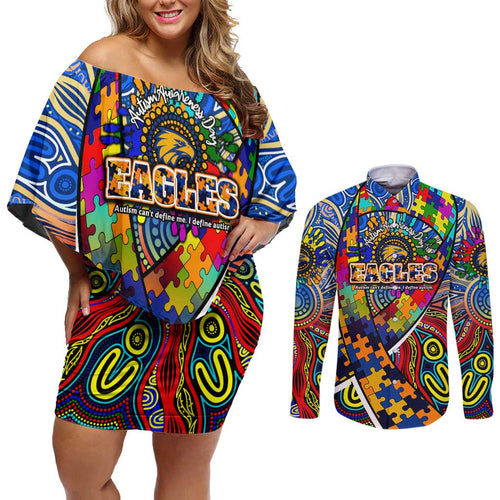 Autism Awareness Australia West Coast Eagles Couples Matching Off Shoulder Short Dress and Long Sleeve Button Shirt Aboriginal Indigenous Art