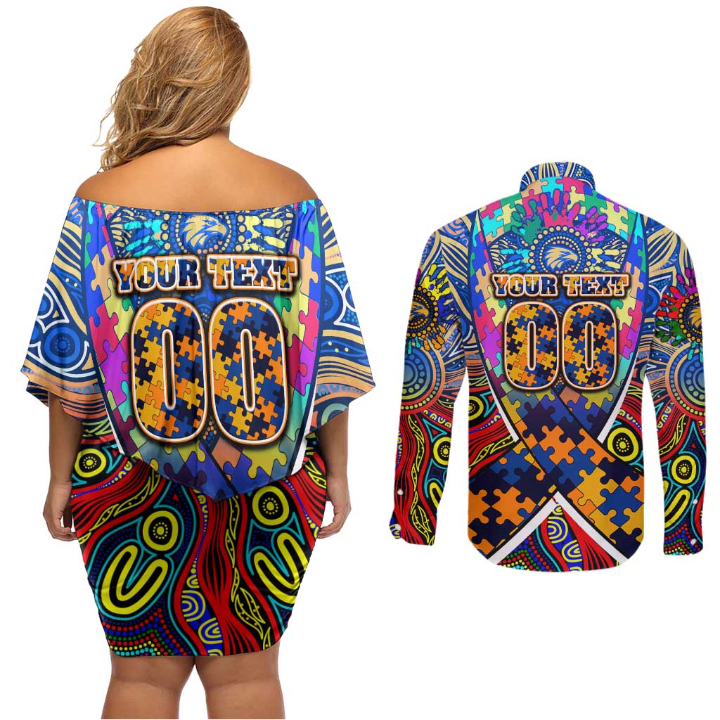 Autism Awareness Australia West Coast Eagles Couples Matching Off Shoulder Short Dress and Long Sleeve Button Shirt Aboriginal Indigenous Art