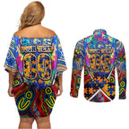 Autism Awareness Australia West Coast Eagles Couples Matching Off Shoulder Short Dress and Long Sleeve Button Shirt Aboriginal Indigenous Art