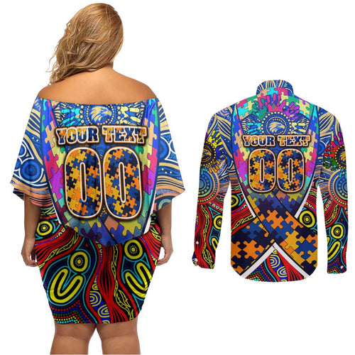 Autism Awareness Australia West Coast Eagles Couples Matching Off Shoulder Short Dress and Long Sleeve Button Shirt Aboriginal Indigenous Art
