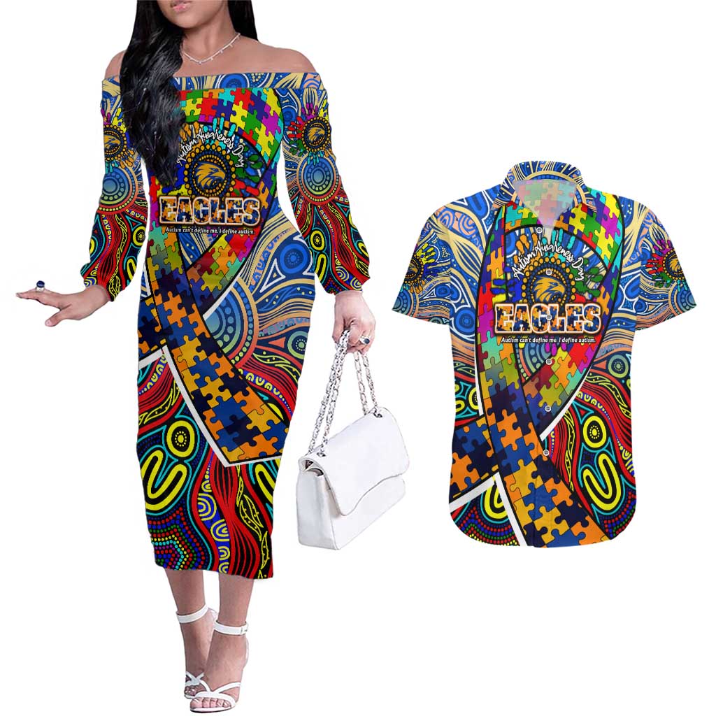 Autism Awareness Australia West Coast Eagles Couples Matching Off The Shoulder Long Sleeve Dress and Hawaiian Shirt Aboriginal Indigenous Art