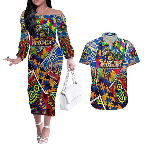 Autism Awareness Australia West Coast Eagles Couples Matching Off The Shoulder Long Sleeve Dress and Hawaiian Shirt Aboriginal Indigenous Art