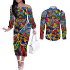Autism Awareness Australia West Coast Eagles Couples Matching Off The Shoulder Long Sleeve Dress and Long Sleeve Button Shirt Aboriginal Indigenous Art