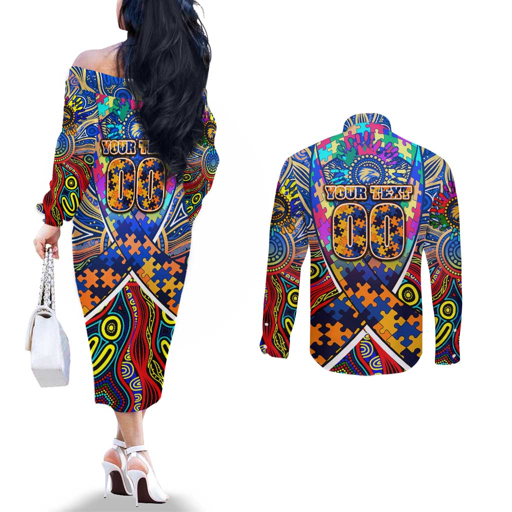 Autism Awareness Australia West Coast Eagles Couples Matching Off The Shoulder Long Sleeve Dress and Long Sleeve Button Shirt Aboriginal Indigenous Art