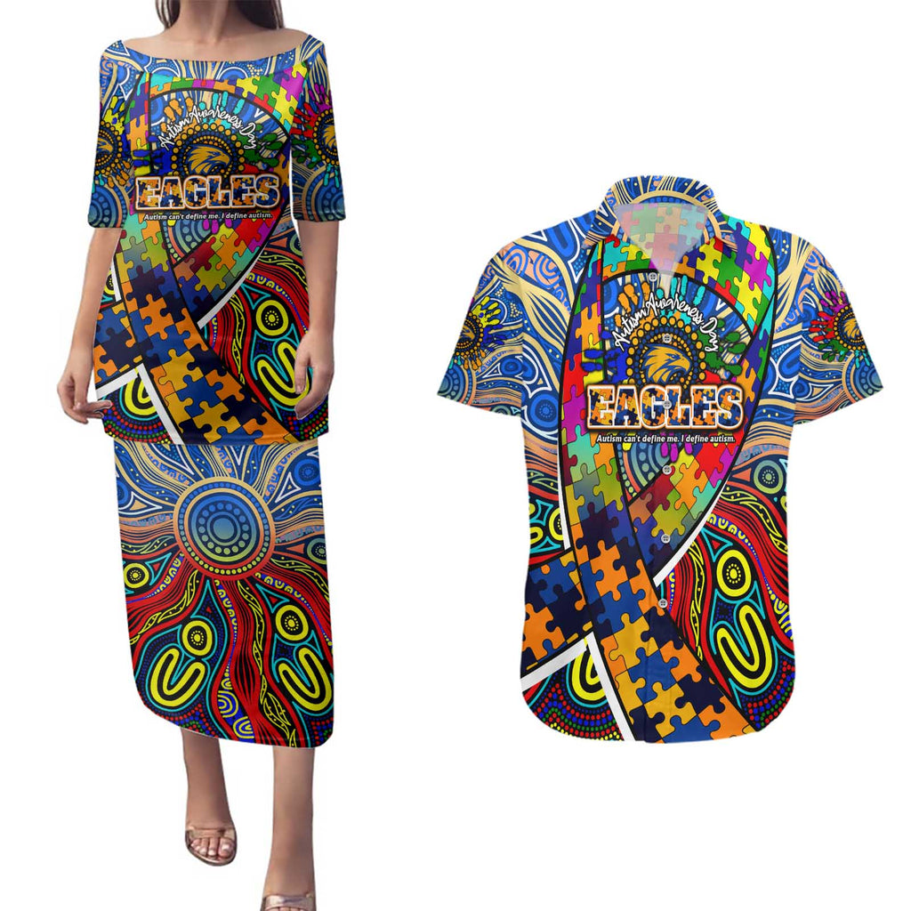 Autism Awareness Australia West Coast Eagles Couples Matching Puletasi and Hawaiian Shirt Aboriginal Indigenous Art