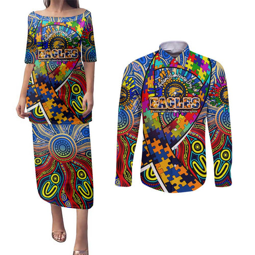 Autism Awareness Australia West Coast Eagles Couples Matching Puletasi and Long Sleeve Button Shirt Aboriginal Indigenous Art
