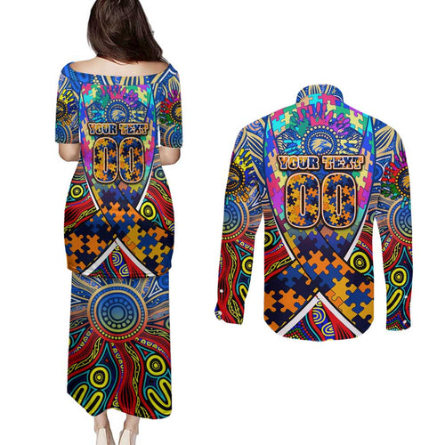 Autism Awareness Australia West Coast Eagles Couples Matching Puletasi and Long Sleeve Button Shirt Aboriginal Indigenous Art