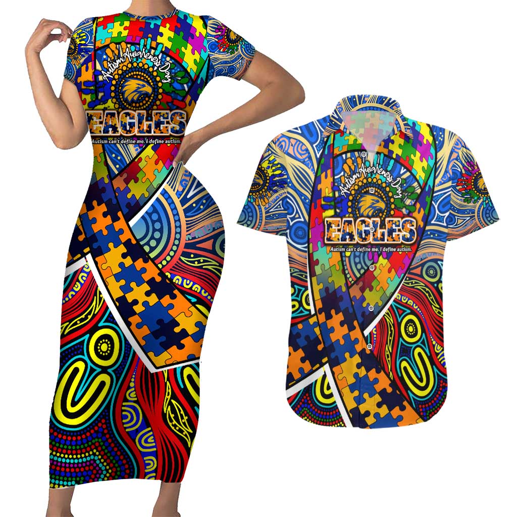 Autism Awareness Australia West Coast Eagles Couples Matching Short Sleeve Bodycon Dress and Hawaiian Shirt Aboriginal Indigenous Art