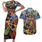 Autism Awareness Australia West Coast Eagles Couples Matching Short Sleeve Bodycon Dress and Hawaiian Shirt Aboriginal Indigenous Art