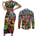 Autism Awareness Australia West Coast Eagles Couples Matching Short Sleeve Bodycon Dress and Long Sleeve Button Shirt Aboriginal Indigenous Art