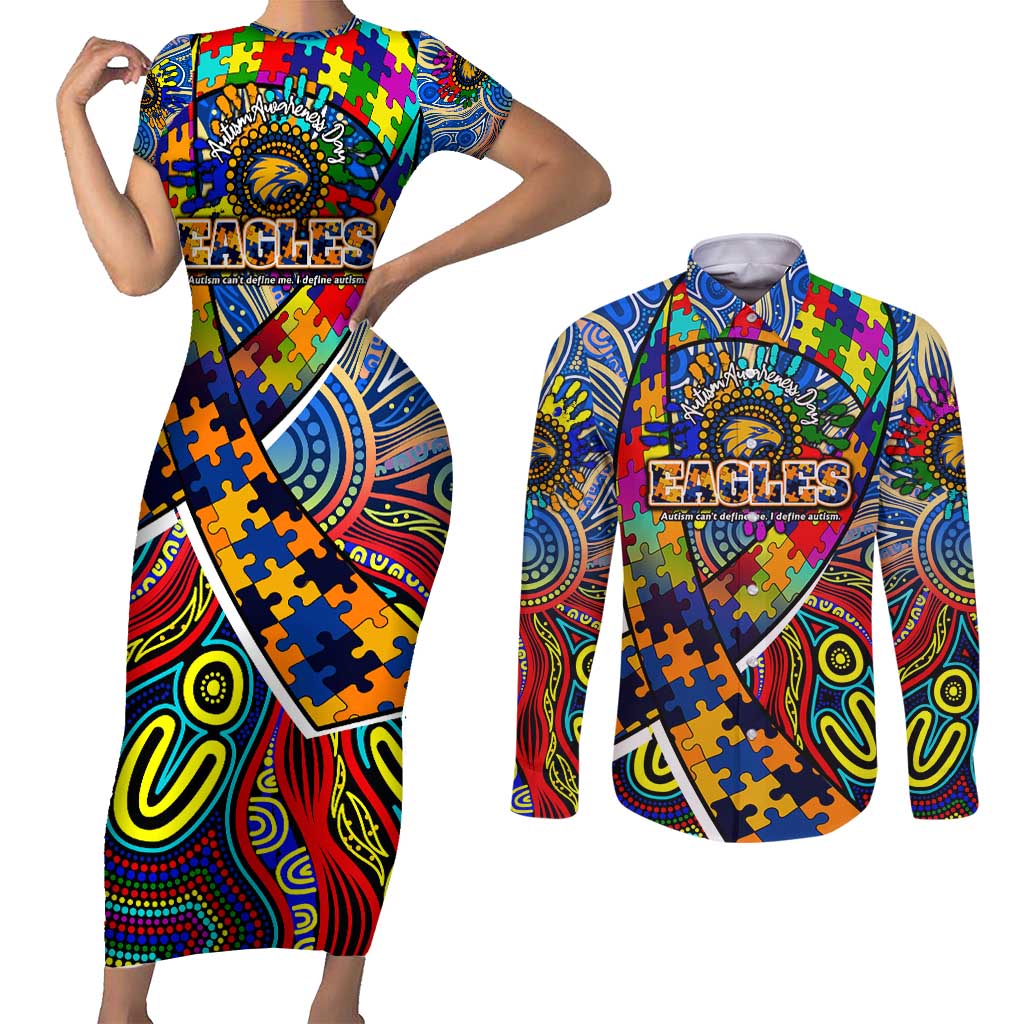 Autism Awareness Australia West Coast Eagles Couples Matching Short Sleeve Bodycon Dress and Long Sleeve Button Shirt Aboriginal Indigenous Art