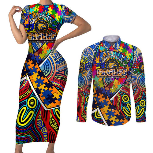 Autism Awareness Australia West Coast Eagles Couples Matching Short Sleeve Bodycon Dress and Long Sleeve Button Shirt Aboriginal Indigenous Art