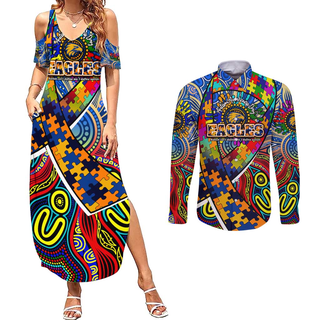 Autism Awareness Australia West Coast Eagles Couples Matching Summer Maxi Dress and Long Sleeve Button Shirt Aboriginal Indigenous Art