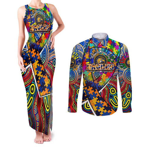 Autism Awareness Australia West Coast Eagles Couples Matching Tank Maxi Dress and Long Sleeve Button Shirt Aboriginal Indigenous Art