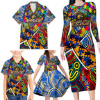 Autism Awareness Australia West Coast Eagles Family Matching Long Sleeve Bodycon Dress and Hawaiian Shirt Aboriginal Indigenous Art