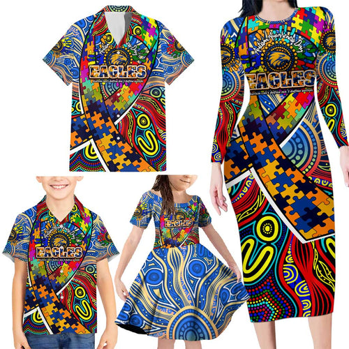 Autism Awareness Australia West Coast Eagles Family Matching Long Sleeve Bodycon Dress and Hawaiian Shirt Aboriginal Indigenous Art