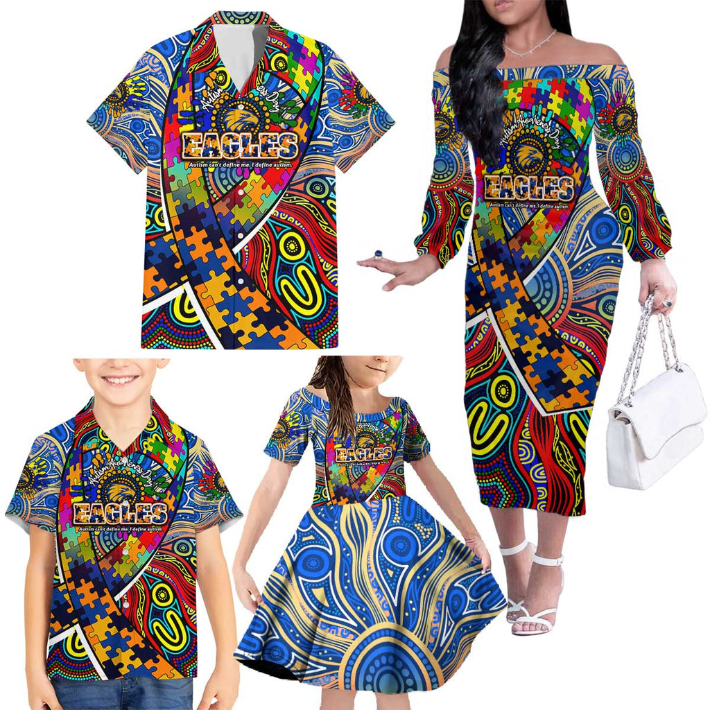 Autism Awareness Australia West Coast Eagles Family Matching Off The Shoulder Long Sleeve Dress and Hawaiian Shirt Aboriginal Indigenous Art