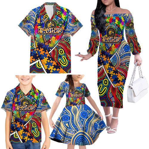 Autism Awareness Australia West Coast Eagles Family Matching Off The Shoulder Long Sleeve Dress and Hawaiian Shirt Aboriginal Indigenous Art