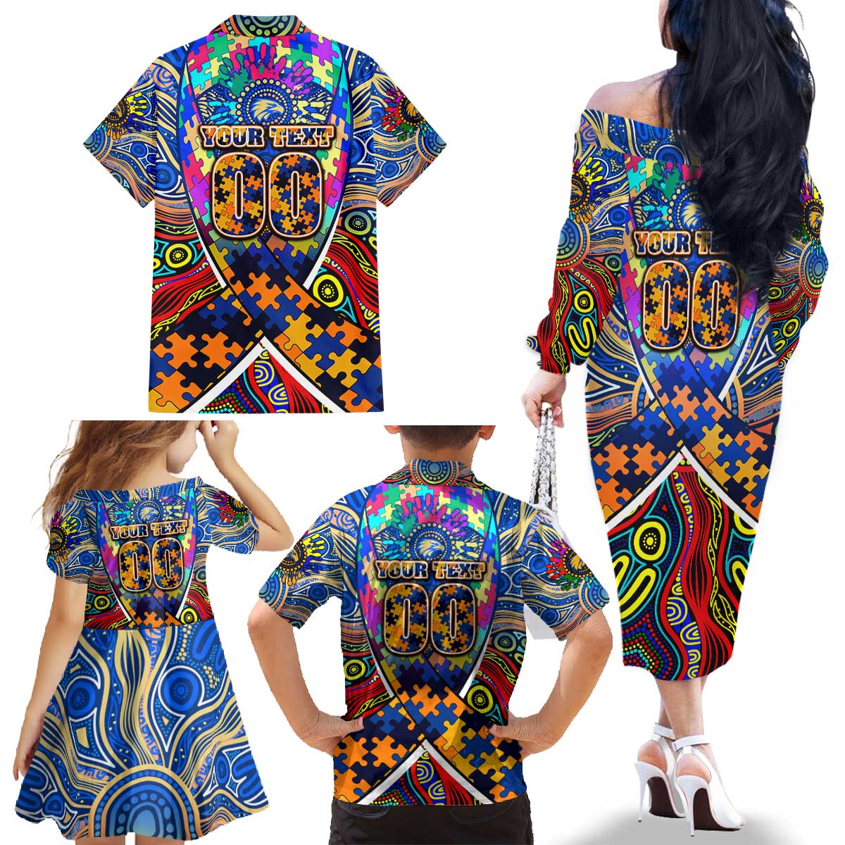 Autism Awareness Australia West Coast Eagles Family Matching Off The Shoulder Long Sleeve Dress and Hawaiian Shirt Aboriginal Indigenous Art
