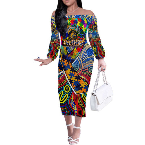 Autism Awareness Australia West Coast Eagles Family Matching Off The Shoulder Long Sleeve Dress and Hawaiian Shirt Aboriginal Indigenous Art