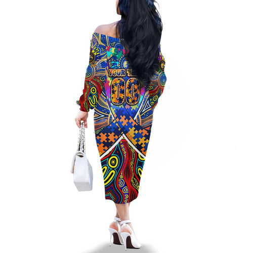 Autism Awareness Australia West Coast Eagles Family Matching Off The Shoulder Long Sleeve Dress and Hawaiian Shirt Aboriginal Indigenous Art