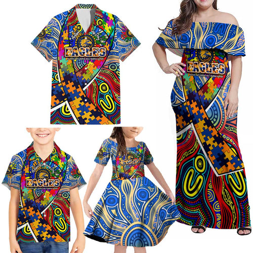 Autism Awareness Australia West Coast Eagles Family Matching Off Shoulder Maxi Dress and Hawaiian Shirt Aboriginal Indigenous Art