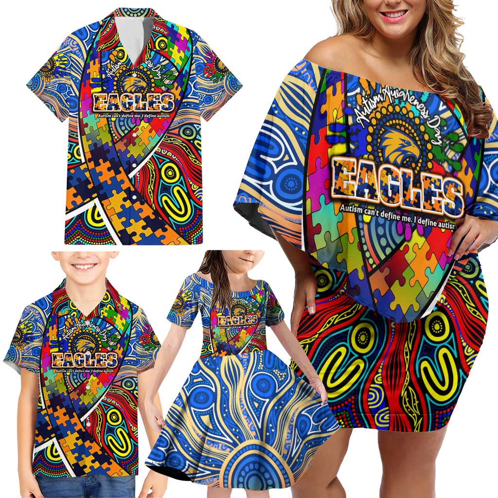 Autism Awareness Australia West Coast Eagles Family Matching Off Shoulder Short Dress and Hawaiian Shirt Aboriginal Indigenous Art