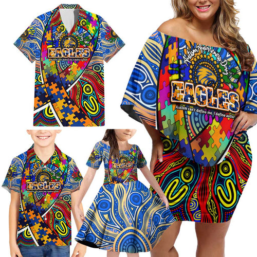 Autism Awareness Australia West Coast Eagles Family Matching Off Shoulder Short Dress and Hawaiian Shirt Aboriginal Indigenous Art