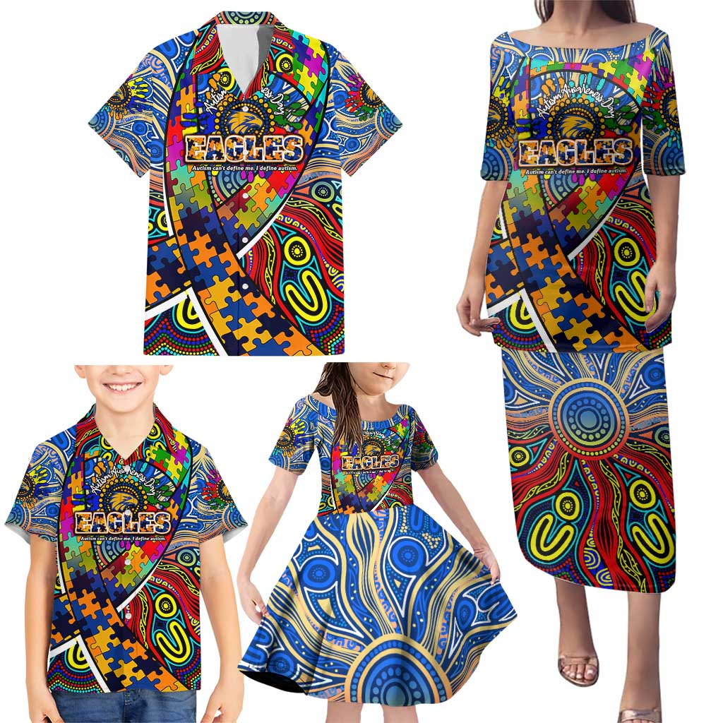 Autism Awareness Australia West Coast Eagles Family Matching Puletasi and Hawaiian Shirt Aboriginal Indigenous Art