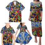 Autism Awareness Australia West Coast Eagles Family Matching Puletasi and Hawaiian Shirt Aboriginal Indigenous Art