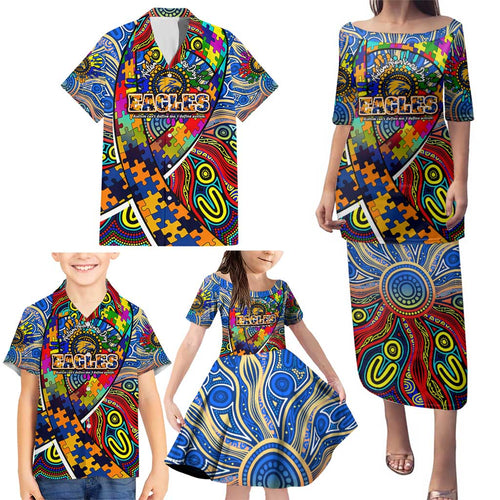 Autism Awareness Australia West Coast Eagles Family Matching Puletasi and Hawaiian Shirt Aboriginal Indigenous Art