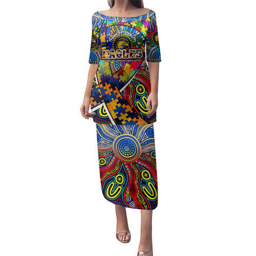 Autism Awareness Australia West Coast Eagles Family Matching Puletasi and Hawaiian Shirt Aboriginal Indigenous Art