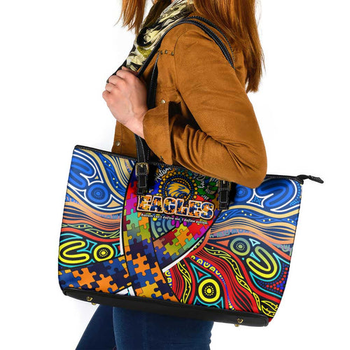 Autism Awareness Australia West Coast Eagles Leather Tote Bag Aboriginal Indigenous Art