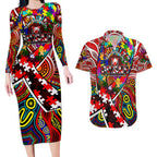 Autism Awareness Australia Sydney Swans Couples Matching Long Sleeve Bodycon Dress and Hawaiian Shirt Aboriginal Indigenous Art