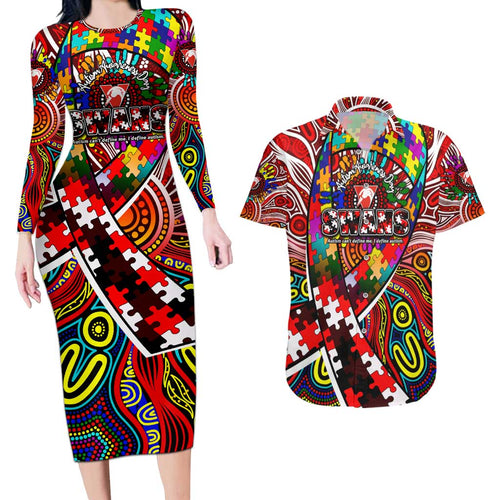 Autism Awareness Australia Sydney Swans Couples Matching Long Sleeve Bodycon Dress and Hawaiian Shirt Aboriginal Indigenous Art