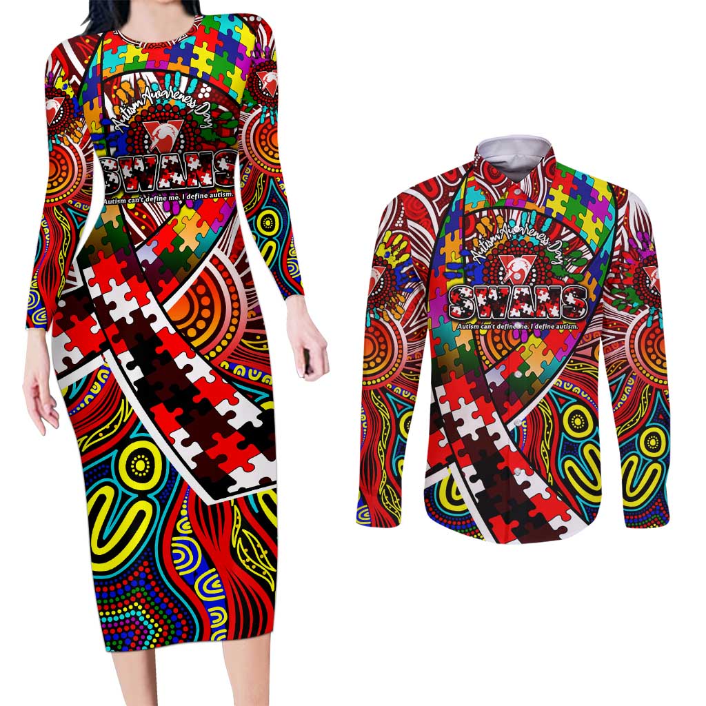 Autism Awareness Australia Sydney Swans Couples Matching Long Sleeve Bodycon Dress and Long Sleeve Button Shirt Aboriginal Indigenous Art