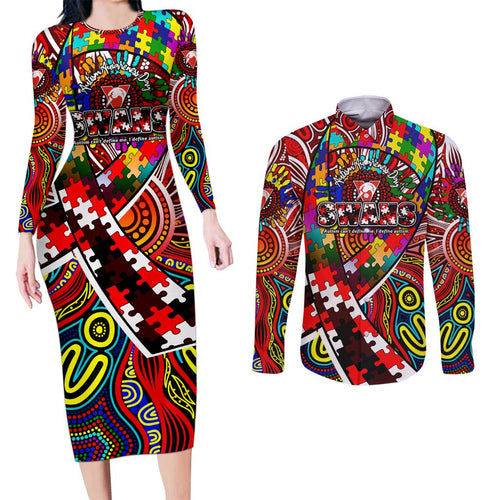 Autism Awareness Australia Sydney Swans Couples Matching Long Sleeve Bodycon Dress and Long Sleeve Button Shirt Aboriginal Indigenous Art