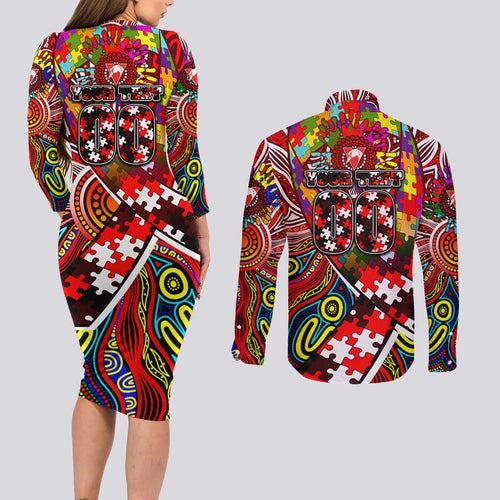 Autism Awareness Australia Sydney Swans Couples Matching Long Sleeve Bodycon Dress and Long Sleeve Button Shirt Aboriginal Indigenous Art