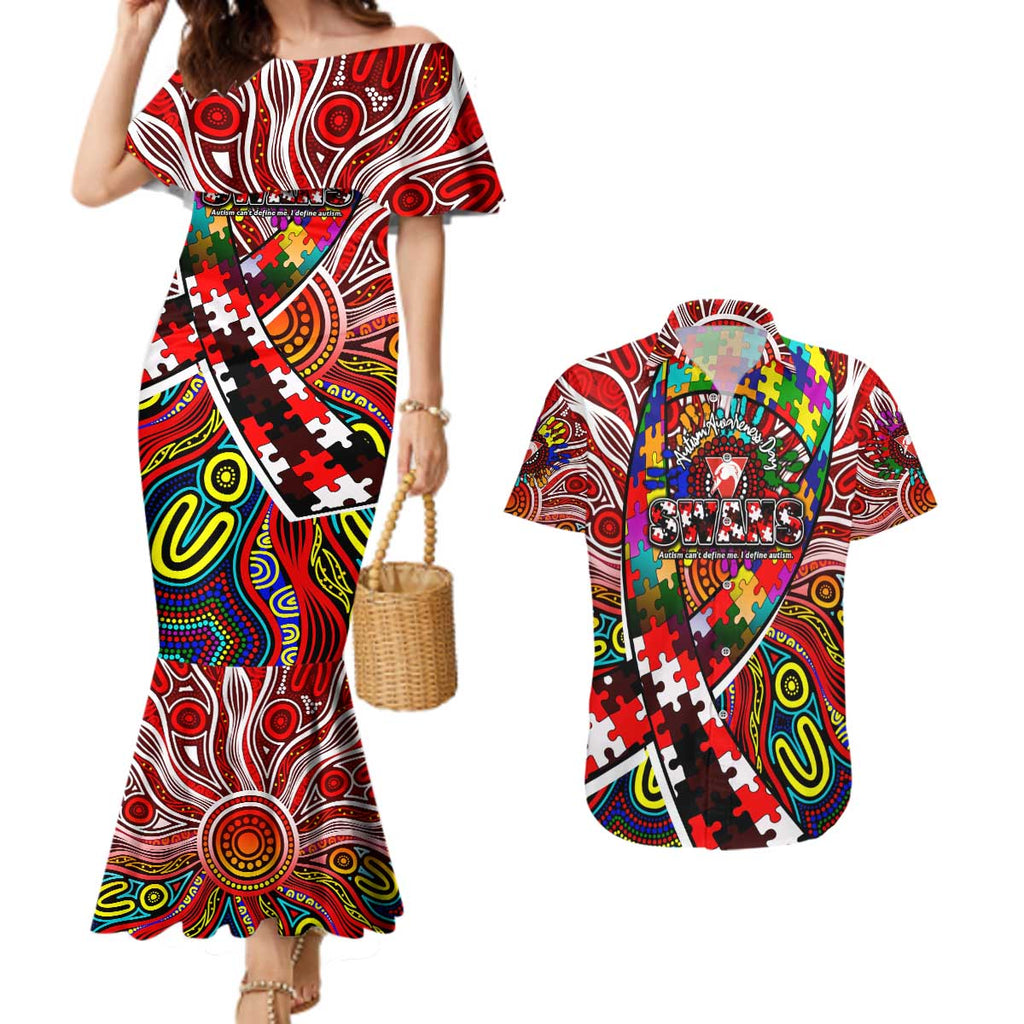 Autism Awareness Australia Sydney Swans Couples Matching Mermaid Dress and Hawaiian Shirt Aboriginal Indigenous Art